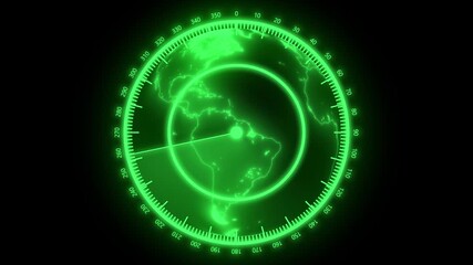 Animated global radar interface surveillance monitoring digital globe rotating. Animated Earth radar green technology surveillance monitoring digital globe. - Powered by Adobe