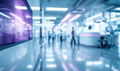 Soft-focus shot of a modern hallway with a screen, soft blue tones, and blurred figures. An image evokes a sterile, futuristic environment