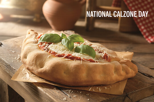 Delicious calzone pizza with fresh basil, mozzarella, and marinara sauce, perfect for National Calzone Day celebration, ready to eat - Powered by Adobe
