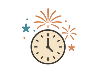 Clock showing almost midnight with fireworks isolated on transparent background