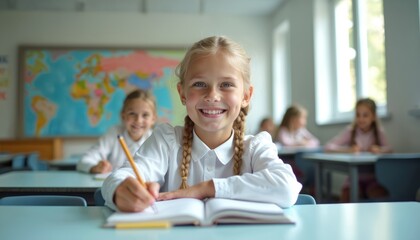 Smiling schoolgirl with blonde braids writes in notebook. Modern classroom setting with large windows, inspiring map on wall. Natural light enhances focus on student learning, educational curiosity.