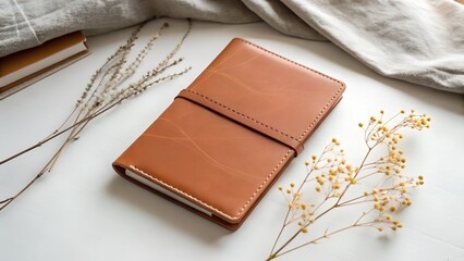 Leather Journal with Dried Flowers on a White Surface for Creative Inspiration