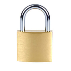 Fototapeta premium Brass padlock with a sturdy chrome shackle designed for securing items, featuring a smooth rectangular body and a polished metallic finish