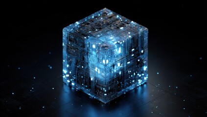 Translucent cube, glowing circuitry
