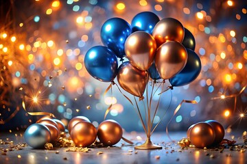Festive Celebration with Blue and Gold Balloons and Bokeh Lights Background
