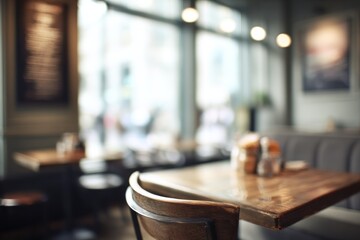 Blurred interior view inside a cafe. Sunlight streaming through large window. Wood table and booth seating create a warm, welcoming atmosphere