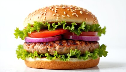 Thick raw turkey burger patty with fresh lettuce, ripe tomato slices, red onion rings on sesame seed bun. Isolated on clean white background, image uses bright natural lighting, perfect for health