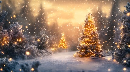 Magical Winter Scene with Glittering Christmas Trees in Snow