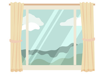 A window with beige curtains and a scenic view of green hills and blue sky with clouds. Interior decor element.