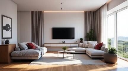 Minimalist TV wall living room with floating shelf and curtains