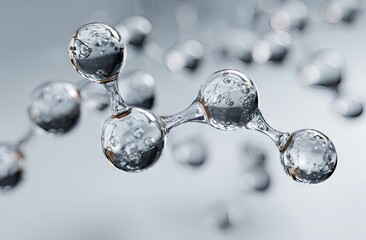 A close-up, detailed 3D render of a molecule structure composed of translucent, spherical nodes connected by slender, glossy bonds, set against a muted gray background