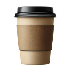 Beige Coffee Cup with Black Lid and Sleeve on Transparent Background