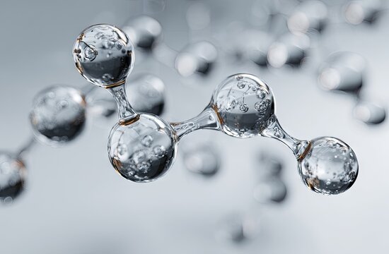 A close-up, detailed 3D render of a molecule structure composed of translucent, spherical nodes connected by slender, glossy bonds, set against a muted gray background