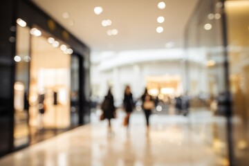 A blurred image inside a shopping mall. People are walking with shopping bags. The floor is shiny and there are lights illuminating the space
