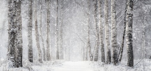 The snowy birch trees creating a serene winter landscape path.