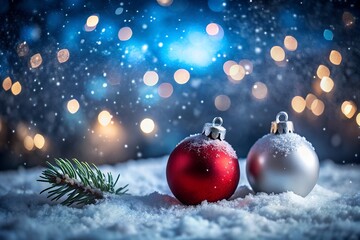 Red and Silver Christmas Ornaments in Snowy Scene with Lights