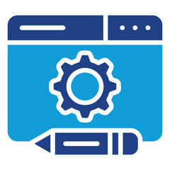 Web Development Glyph Blue Silhouette Icon Design Vector - Browser window with gear and pencil, symbolizing coding, website building, and digital tools
