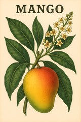 Vibrant ripe mango fruit on branch with green leaves and delicate blossoms, exquisite botanical illustration