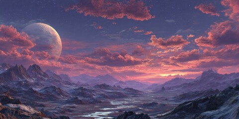 Alien landscape at sunset with a large moon.  Pink clouds, snow-capped mountains and a valley