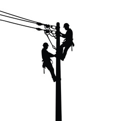Two linemen silhouettes working on utility pole lineman