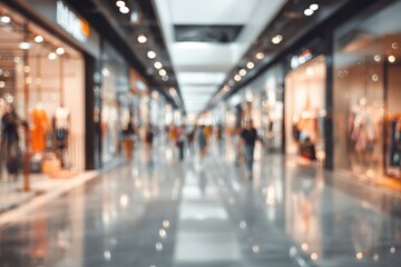 A blurred perspective of a busy indoor shopping mall, featuring rows of shops with mannequins and shoppers, bathed in soft, diffused light