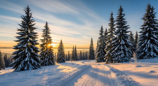 A picturesque winter wonderland scene of a snow-covered forest path surrounded by tall fir trees at sunset