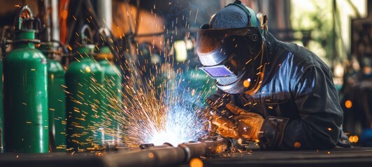 The Welder in protective helmet welding metal pipes amid an industrial workshop with sparks flying