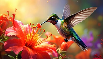 Naklejka premium A vibrant hummingbird hovers in flight, delicately feeding from a vibrant coral hibiscus flower, showcasing a burst of colorful details.