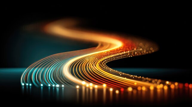 Swirling light trails transition from cool blue to fiery orange on a dark background, creating a sense of motion and abstract futuristic energy