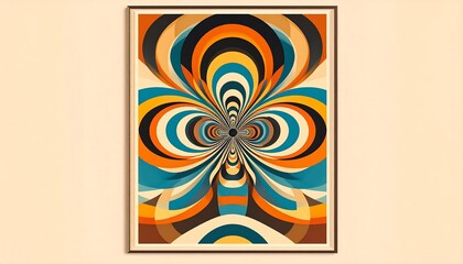 Abstract Art Print with Retro Geometric Pattern in Blue, Orange, and Brown