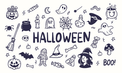 Collection of hand drawn Halloween doodles including ghosts, pumpkins, candy, and witch items on a white background