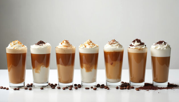 Collection of iced coffee drinks with whipped cream and toppings. Featuring layered drinks in glasses, white background, coffee beans scattered around. Refreshing beverages for cafes or breakfast.