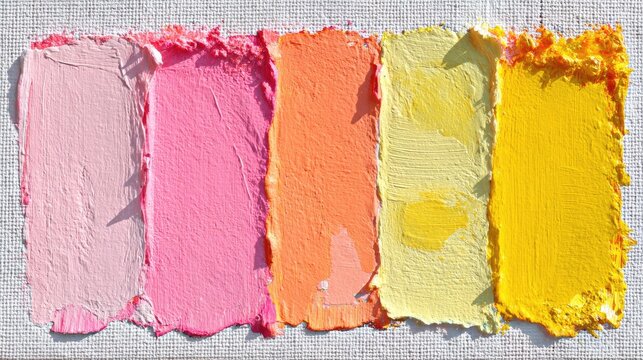 Rectangular swathes of pastel paint in varying pink, orange, and yellow hues are thickly applied to a textured white canvas