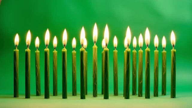 Burning green candle flame light glowing warmly with wax decoration, bright illumination in row on green background, creating peaceful festive celebration atmosphere and soft lighting shadows
