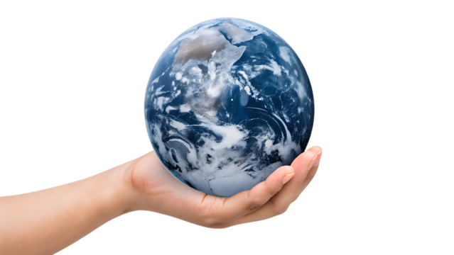 Hand holding planet Earth isolated on a transparent background globe world