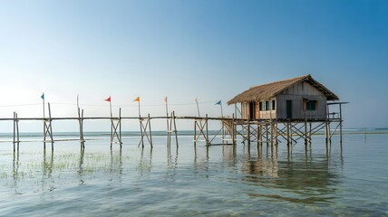 Tropical vacation with a beautiful resort villa on a pier over a turquoise lagoon in the Maldives
