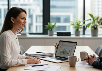Confident female executive in a one-on-one consultation, analyzing business performance data on a laptop with a partner in a modern office