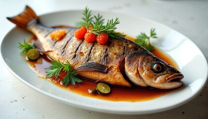 Whole grilled fish served on white plate. Juicy fish with crispy skin, garnished with rosemary, cherry tomatoes, and lime slices. Savory sauce bathes the fish. Healthy, delicious meal preparation.