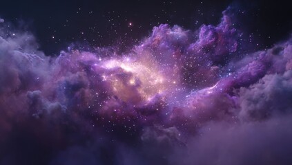Naklejka premium Cosmic nebula, vibrant purples and pinks, swirling clouds, scattered stars
