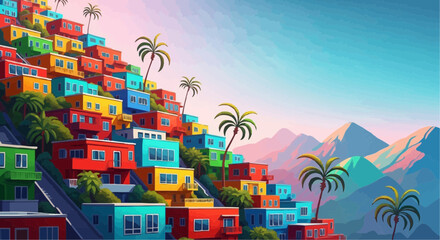 Vibrant hillside community with colorful houses and palm trees overlooking distant mountains under a bright sky.