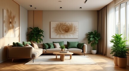 Modern living room with green sofa, indoor plants and botanical wall art, fresh biophilic decor