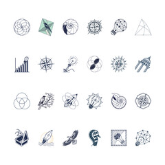 Assorted creative icons and symbols in a variety of unique designs, Collection of eye-catching vector graphics with original conceptual imagery