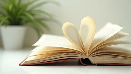 Naklejka premium Open book with turning pages, pages shaped like heart. Soft light illuminates scene. Blurred green plant in white pot in background. Minimalist, calm, peaceful ambience, perfect for reading or study.