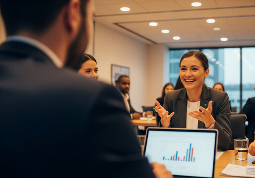 Dynamic businesswoman leading a collaborative team meeting, presenting business strategy and data analysis on a laptop