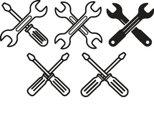 Black and white crossed tools icon set, wrench and screwdriver symbols, repair, maintenance, mechanic, service, industrial design