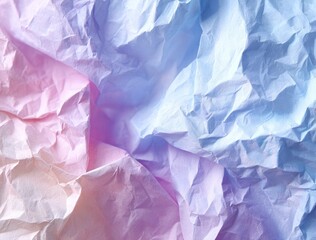 Fototapeta premium Abstract of crumpled paper with a soft gradient from light pink to blue, creating textured surfaces and shadows