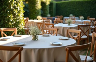 Obraz premium Outdoor event wedding setting with round tables draped in white cloths, adorned with simple floral arrangements. Wooden chairs surround tables prepared with plates. Rich plants, trees create natural,