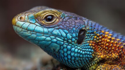 Obraz premium A bright lizard is seen resting on smooth rocks, its scales shimmering in hues of blue, orange, and yellow under the warm sunlight in a wild setting.