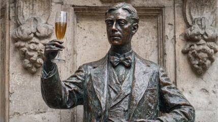 A bronze statue depicts a gentleman in formal attire holding a glass aloft, set against a textured wall adorned with decorative elements. The scene captures a moment of celebration.