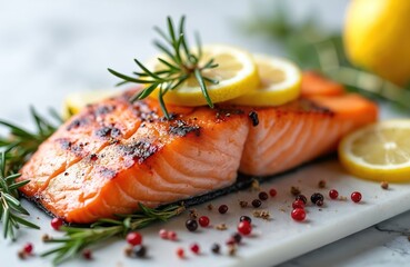 Juicy grilled salmon fillet garnished with lemon slices, fresh rosemary, colorful peppercorns on marble background. Delicious, healthy seafood meal, perfect for culinary content, promoting healthy